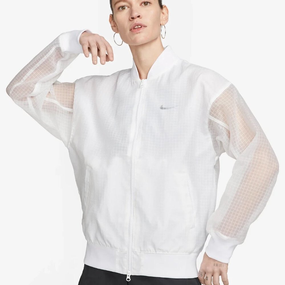 New Nike Women L Woven Varsity Bomber Jacket White 75% Recycled Nylon